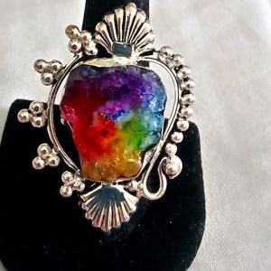 Vintage raw rainbow tourmaline cocktail ring Size 8